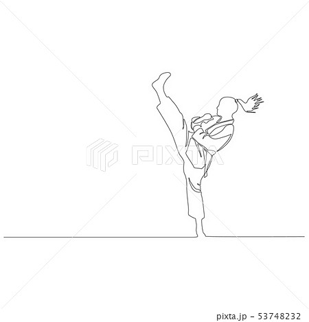 Continuous one  line drawing Karate girl high kick. Vector illustration. 53748232