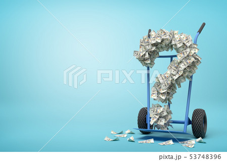3d rendering of hand truck standing in half-turn with question mark made up of dollar banknotes on 53748396