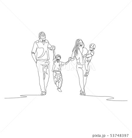 Continuous line family walking holding the hands and swigning son 53748397