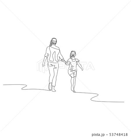Continuous one line mother and daughter walking holding the hands 53748418