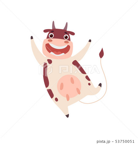 Cute Smiling Cow Happily Jumping, Funny Farm Animal Cartoon Character Vector Illustration 53750051