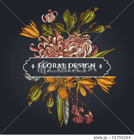 Floral bouquet dark design with japanese chrysanthemum, blackberry lily, eucalyptus flower 53750264