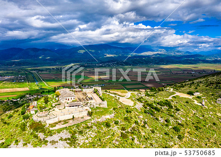 Aerial view of Lekuresi Castle in Saranda, Albania 53750685