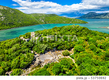 Aerial view of Butrint archaeological site in Albania 53750692