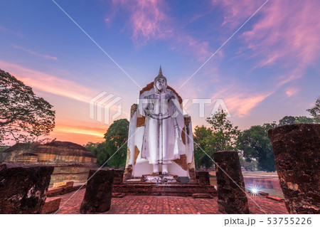 Ancient white buddha statue beautiful at sunset is 53755226