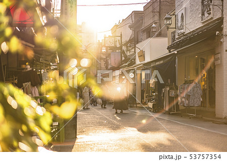谷中銀座の有名な夕焼けだんだんに繋ぐ商店街。 53757354