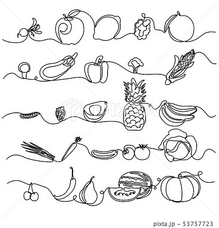 Continuous line Fruits and Vegetables. Design element for grocery store, vegetable shop. Vector 53757723