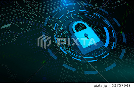 Blue padlock and HUD circle elements on microchip background 53757943