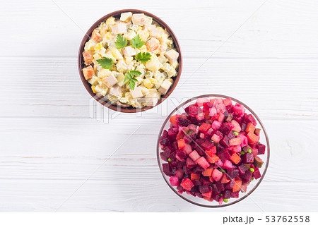Traditional Russian salad olivier andvinaigrette 53762558