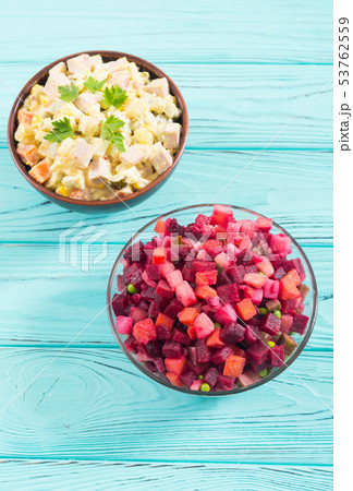 Traditional Russian salad olivier andvinaigrette Traditional Russian salad olivier andvinaigrette 53762559