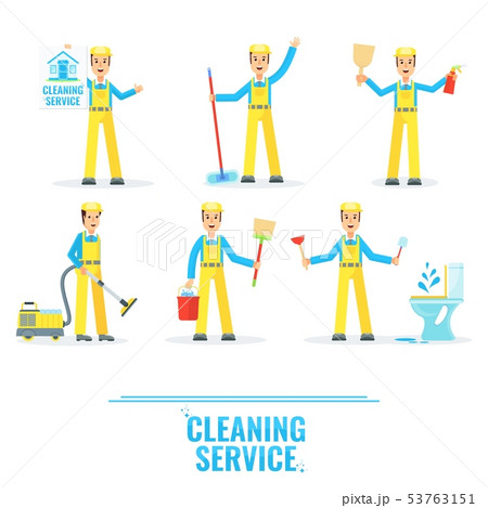 Cleaning service man vector flat cartoon character. Cleaning service man vector flat cartoon character. 53763151