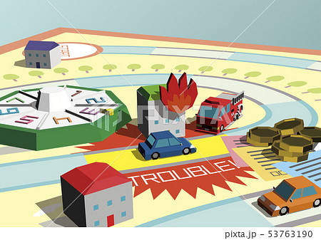 ベクター　イラスト　デザイン　ai　eps　ボードゲーム　人生　トラブル　火事　小火　消防車 53763190