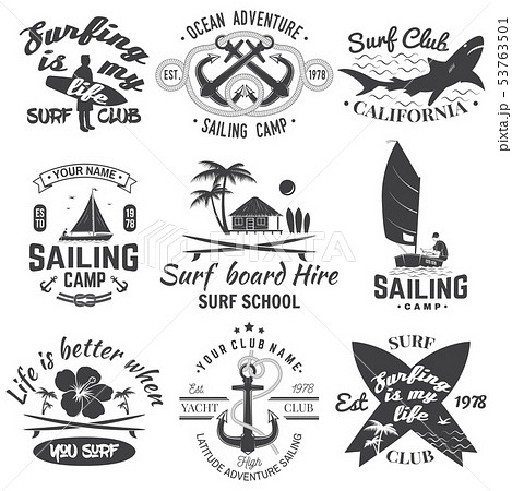 Set Of Sailing Camp Yacht Club And Surf Club のイラスト素材