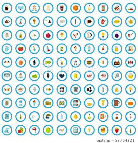 100 drinking firm icons set, flat style 53764321
