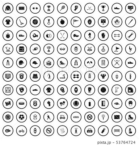 100 sport equipment icons set, simple style 53764724