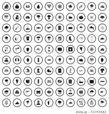 100 thunderstorm icons set, simple style 100 thunderstorm icons set, simple style 53765682