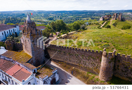 Panoramic view from drone of the castle Montemor o Novo. The Alcaides palace ruins. Evora district. Alentejo, Portugal Panoramic view from drone of the castle Montemor o Novo. The Alcaides palace ruins. Evora district. Alentejo, Portugal 53766431