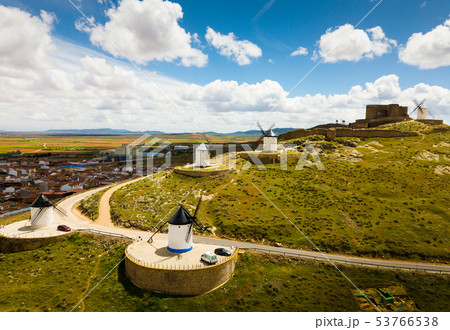 View of famous Route of Don Quixote in Consuegra with windmills 53766538
