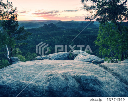 Colorful mist in morning valley. Blue eyllow Colorful mist in morning valley. Blue eyllow 53774569