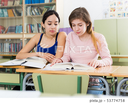 Smiling schoolgirls are learning at the desk 53774758