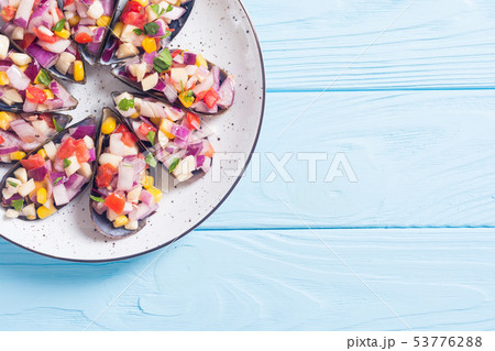 Traditional  Peruvian food background with mussels 53776288