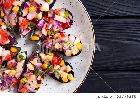 Traditional  Peruvian food background with mussels 53776289