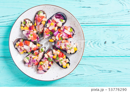 Traditional  Peruvian food background with mussels 53776290