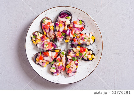 Traditional  Peruvian food background with mussels 53776291