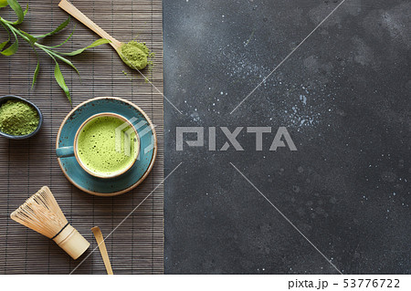 Still life with Japanese matcha green tea on black 53776722