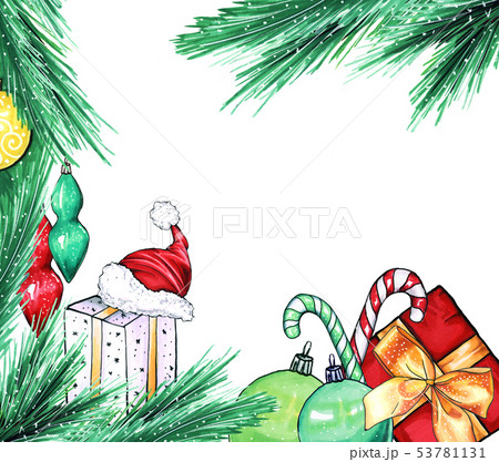 Christmas or New Year backdrop with gift box and santas red hat gift. Raster illustration 53781131