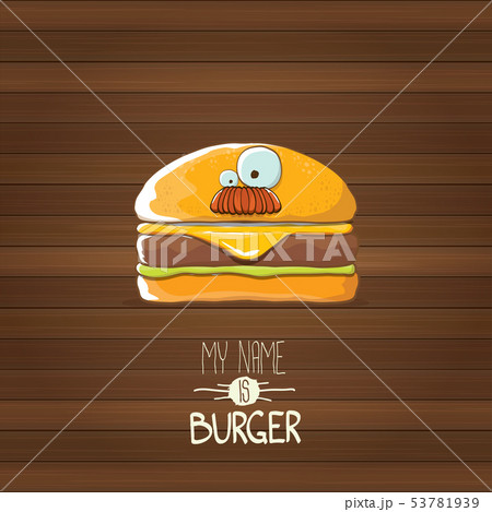 vector cartoon tiny burger character with cheese, meat and salad icon isolated on wooden background 53781939