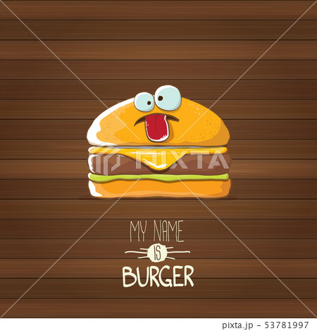 vector cartoon tiny burger character with cheese, meat and salad icon isolated on wooden background 53781997