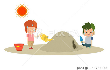 男の子と女の子の子ども2人が暑い夏の砂場で遊んで熱中症になっているイラストのイラスト素材