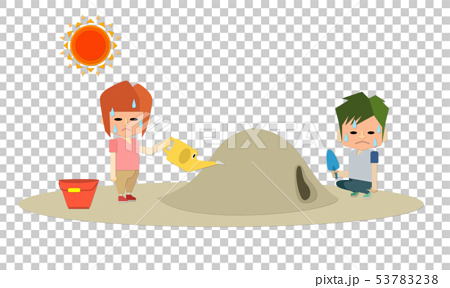 男の子と女の子の子ども2人が暑い夏の砂場で遊んで熱中症になっているイラストのイラスト素材