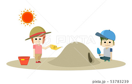 男の子と女の子の子ども2人が暑い夏の砂場で帽子をかぶって熱中症対策して遊んでいるイラストのイラスト素材