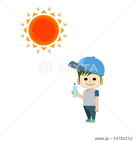 男の子が帽子をかぶって水分補給をして熱中症対策をしているイラストのイラスト素材
