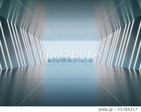 Empty room with light glow and city background. 53784217