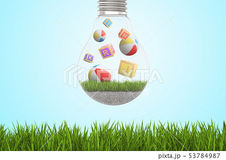 3d rendering of alphabet toy blocks and balls inside of light bulb on green grass and blue sky 3d rendering of alphabet toy blocks and balls inside of light bulb on green grass and blue sky 53784987