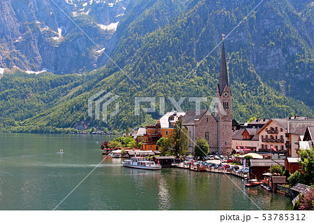 Famous Austria village Hallstatt with church Famous Austria village Hallstatt with church 53785312