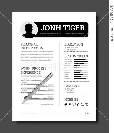 Cv resume template vector with a timeline of work, training, description of skills, hobbies and 53789770