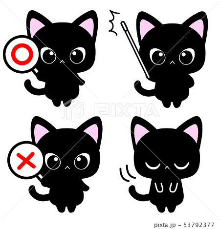 ◯×札持ち黒猫さん・指し棒・お辞儀イラスト素材 ◯×札持ち黒猫さん・指し棒・お辞儀イラスト素材 53792377