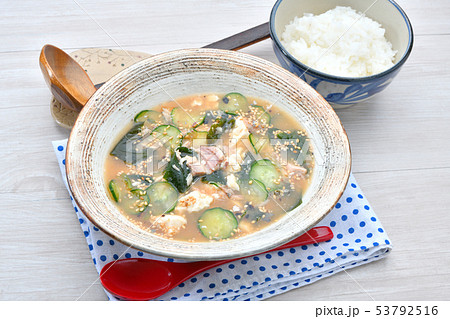 夏のさっぱり料理、冷や汁・ひや汁（鯖・サバの水煮缶使用）。 53792516