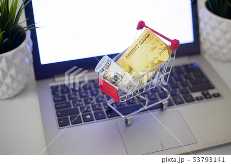 Online shopping concept. A cart with money and a Online shopping concept. A cart with money and a 53793141