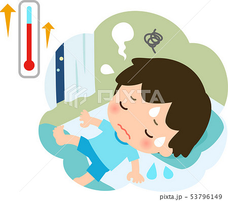 暑さで寝苦しそうな男の子 53796149