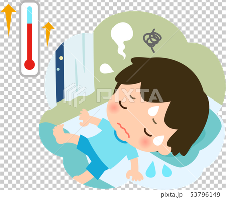 暑さで寝苦しそうな男の子 53796149