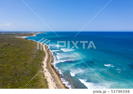 Aerial view with caribbean beach of Atlantic ocean Aerial view with caribbean beach of Atlantic ocean 53796398