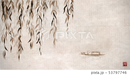 Willow tree and little boat in water. Traditional Japanese ink wash painting sumi-e on vintage Willow tree and little boat in water. Traditional Japanese ink wash painting sumi-e on vintage 53797746
