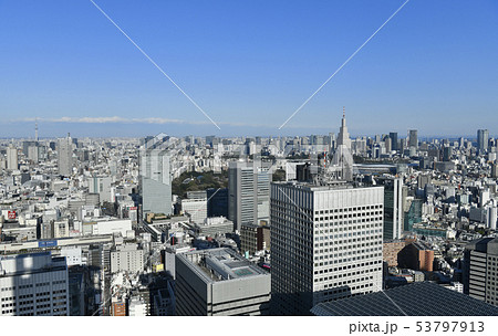 日本の東京都市景観　超高層ビル群や東京スカイツリー、新国立競技場、東京タワー、大手町などを一望 53797913