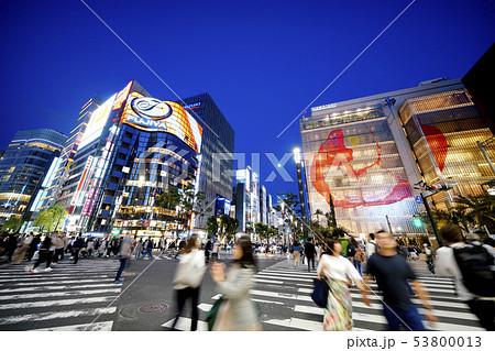 日本の東京都市景観  数寄屋橋の交差点から銀座を望む（夜景） 53800013