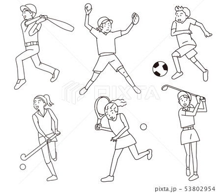 野球 テニス サッカー ゴルフ ホッケーオリンピック野外球技イラストセット線画のイラスト素材